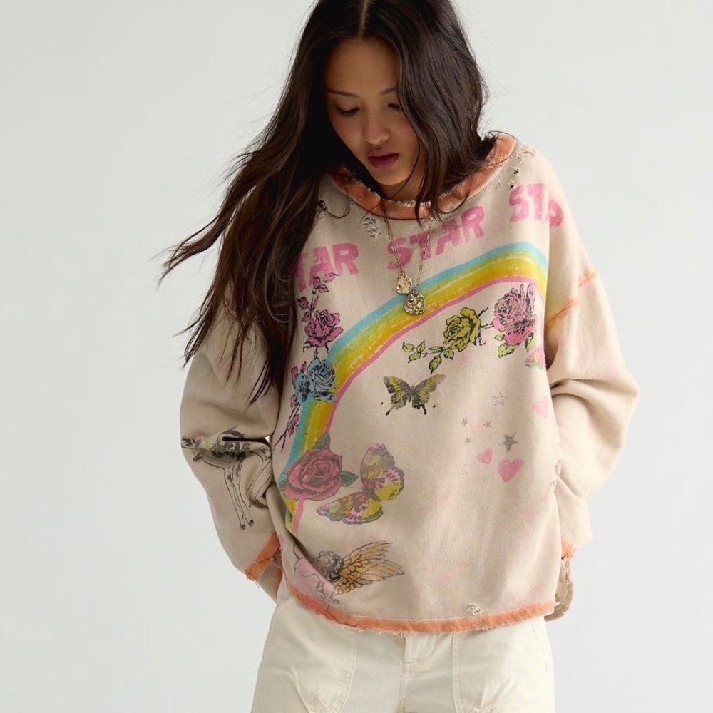 MAGNOLIA PEARL STAR RAINBOW HERMOSA DISTRESSED SWEATSHIRT NWT Butterflies Roses - Picture 7 of 8